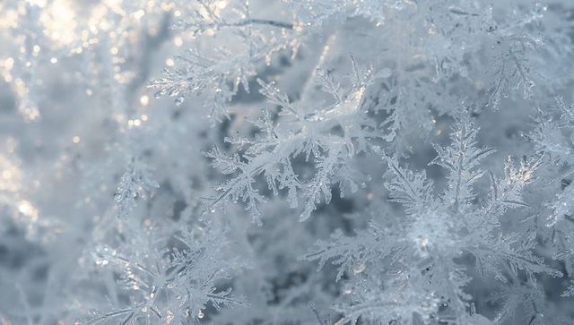 Macro frost crystals and snowflakes sparkling with bokeh and ice details