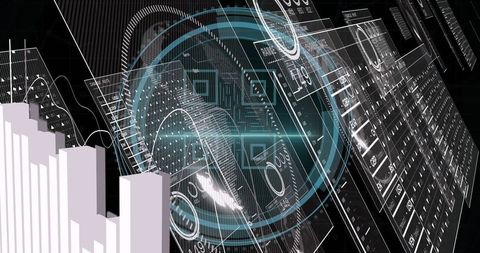 Holographic data hub with rotating hud and 3d bar chart