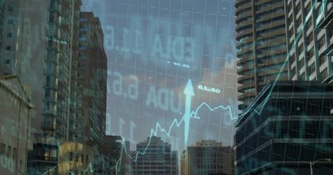 Financial Growth Line Graph Rising Over Urban Skyline With High-Rise Towers