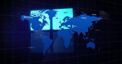 Displaying global digital map with holographic grid and real-time data readouts