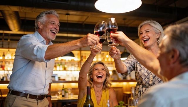 Mature friends clinking red wine glasses in warm bar ambience celebrating together