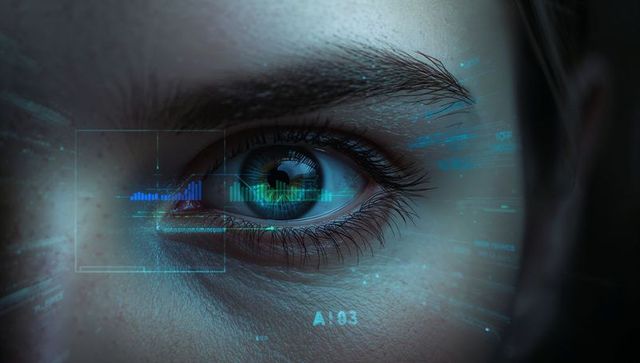 Scanning human eye with holographic biometric hud overlay, futuristic cybersecurity interface