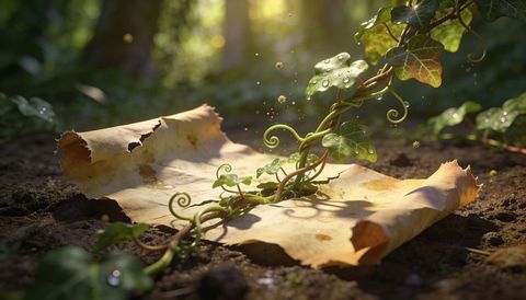 Sunlit heart-shaped ivy vine creeping over curled decaying leaf on damp forest floor