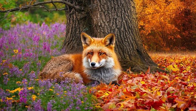 Red fox resting among vibrant autumn foliage and flowers