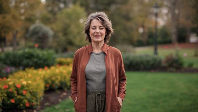 Confident senior woman standing in autumn park wearing rust jacket and olive pants