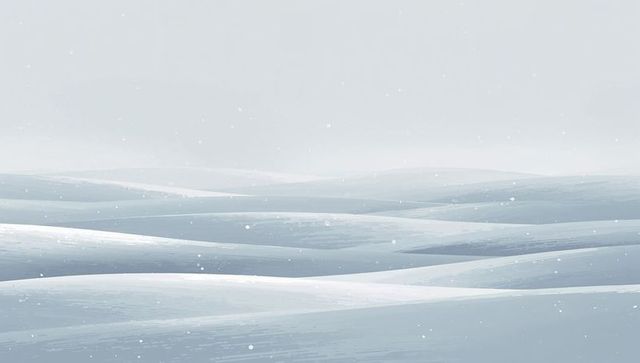 Minimal blue-gray snowdrifts receding into pale horizon with soft falling snow