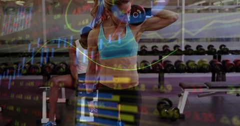 Fit woman lifting dumbbell in gym with stock market overlay for fitness investment concept