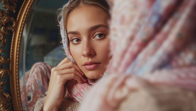 Elegant woman in pastel scarf reflecting in ornate mirror