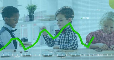 Children Shaking Hands over Stock Market Graph