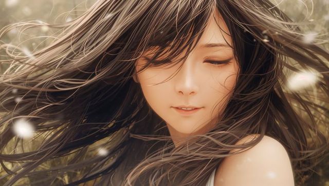 Smiling asian woman letting long hair blow in golden meadow backlit portrait
