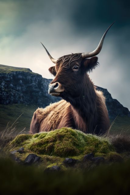 Portrait of highland cow lying in grass in mountains, created using generative ai technology. Cow, animal and nature concept digitally generated image.
