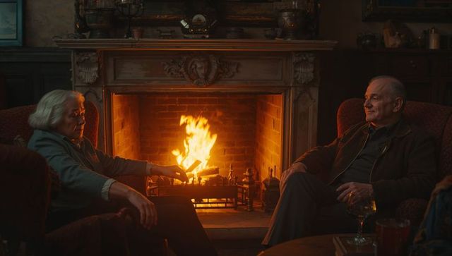 Senior Couple Enjoying Amber Drink by Fireplace in Cozy Elegance