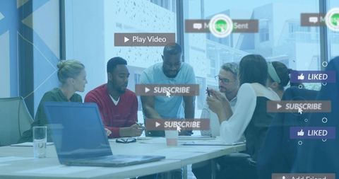 Collaborating team reviewing documents with digital ui overlays in modern daylight office
