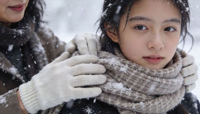 Caregiver wrapping scarf around teenage girl in snowy park during gentle winter snowfall