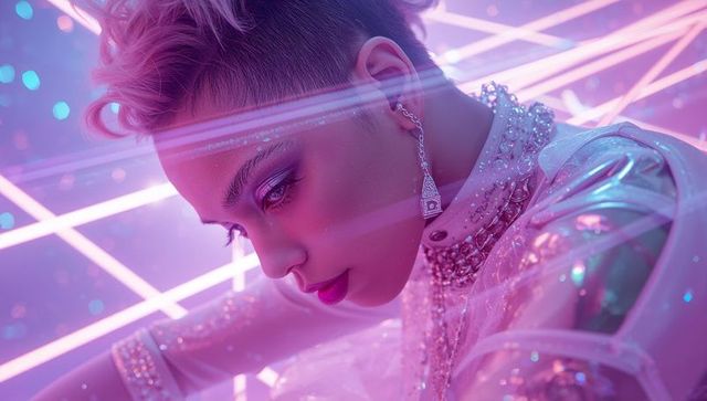 Futuristic fashion portrait of model under neon glow