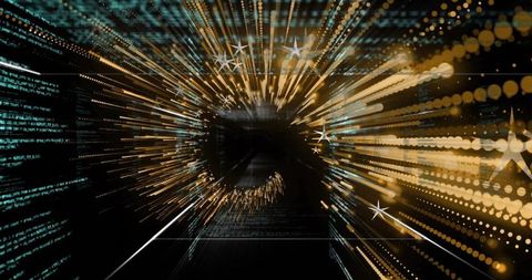 Golden and Teal Lights in Futuristic Digital Data Tunnel