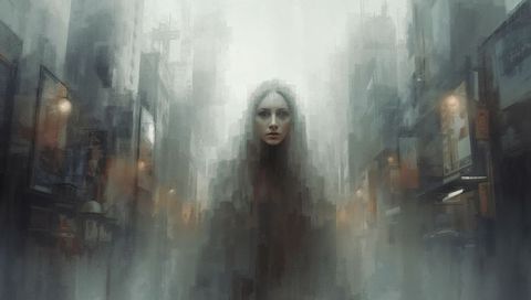 Ghostly Woman Emerging from Misty Urban Alley Hooded Coat Streetlights Cinematic Scene