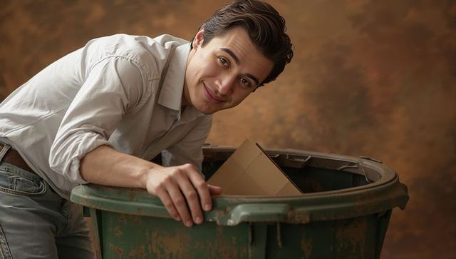 Young man leaning on rusty dumpster smiling while holding cardboard box
