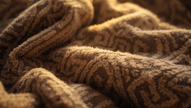 Soft brown plush blanket closeup showing looped pile folds ridges and warm golden light