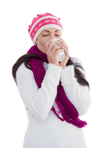 Woman Enjoying Warm Coffee in Winter Attire on Transparent Background