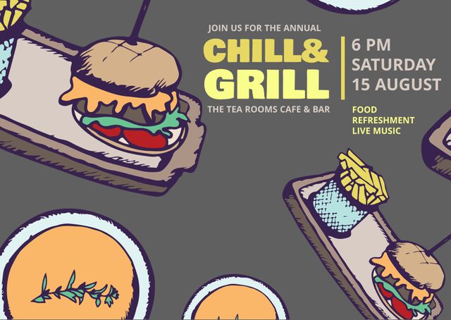 Ideal for promoting summer BBQ events, this vibrant flyer template features playful illustrations of a burger and French fries. Perfect for cafes, restaurants, and bars hosting live music and refreshments. Customize the event date, time, and location to attract guests to your fun gathering.