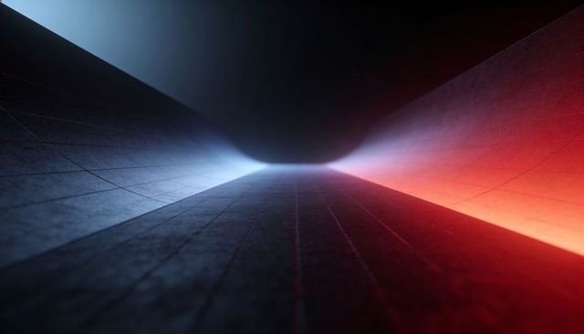 Futuristic corridor glowing blue and red toward bright vanishing point, tiled grid