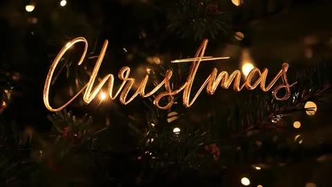 Golden Christmas Script Glowing Over Pine Branches with Warm Bokeh Lights, Metallic Sheen