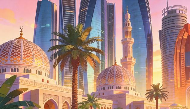Glowing mosque domes and minaret with futuristic skyscraper skyline at sunset and palm courtyard