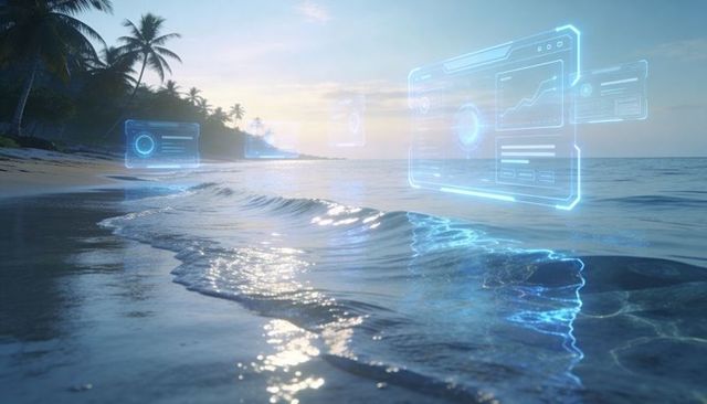 Holographic dashboards floating over tropical beach at sunset with blue neon reflections