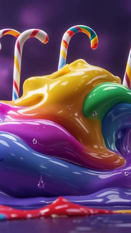 Pouring Rainbow Paint Folding Around Candy Cane Handles in Vertical Fluid Art