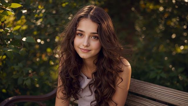 Young teen smiling on wooden bench in sunlit garden with curly hair and soft bokeh warm glow