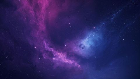 Glowing purple-magenta nebula stretching across deep space with cyan-blue starfield