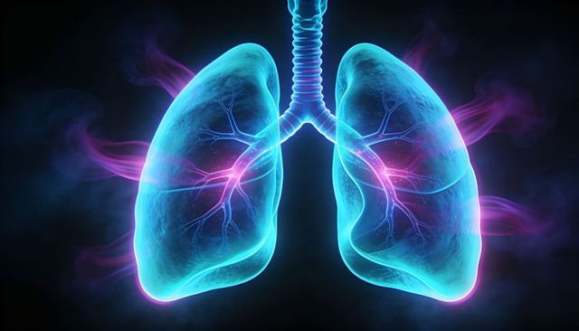 Neon 3d lungs with trachea, bronchial tree and pulmonary vasculature in futuristic art