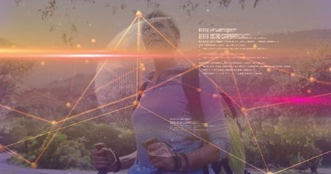 Hiker Embracing Technology with Futuristic Digital Overlay in Nature