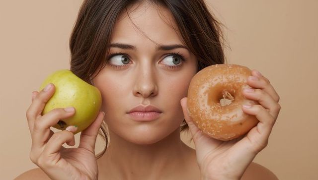 Young woman weighing apple vs glazed donut, contemplating healthy choice and diet struggle