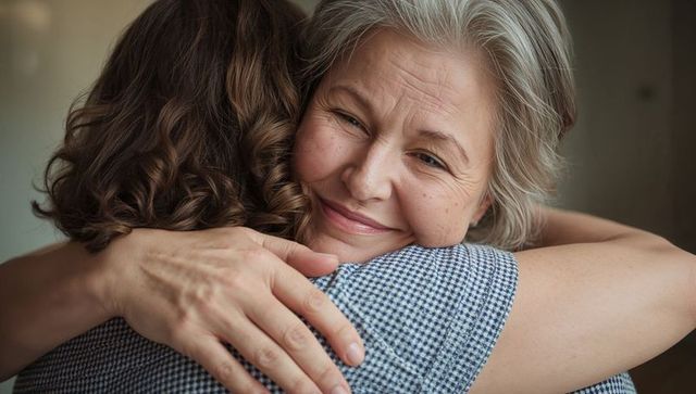 Senior woman embracing adult family member, smiling warmly in closeup hug portrait