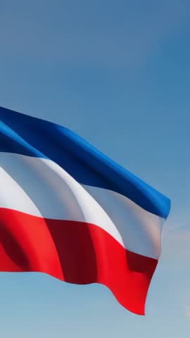 Vertical video showing blue white red flag waving at sunset with warm clouds