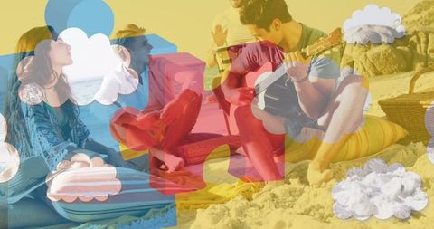 Diverse Friends Enjoying Beach Party Graced with Puzzle Symbolism