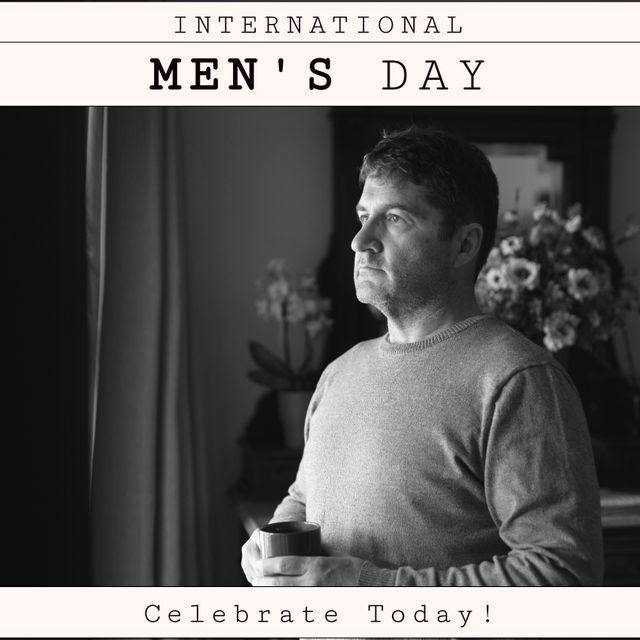 Digital image of thoughtful mature caucasian man with coffee cup, international men's day text - Download Free Stock Videos Pikwizard.com