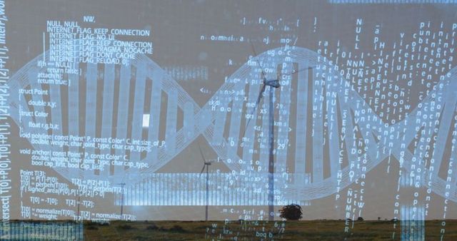 Futuristic DNA Helix and Wind Turbines Overlapping Reality