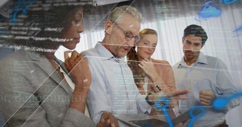 Multigenerational team collaborating over laptop with code overlays and data visualization