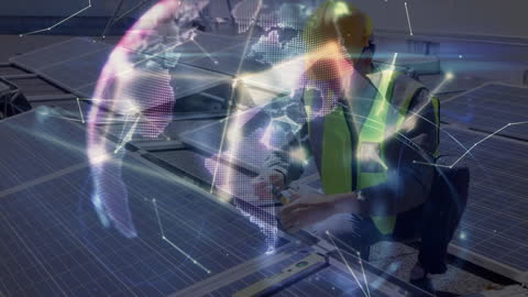 Engineer Installing Solar Panels with Global Network Overlay