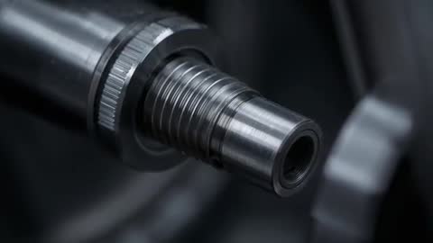 Rotating threaded metal shaft spinning on lathe, showing knurled ring and threaded bore