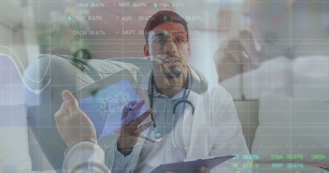 Doctor Analyzing Data on Tablet with Digital Medical Overlays