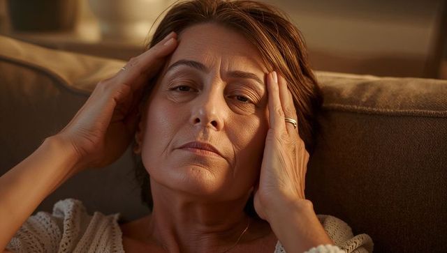 Senior woman holding temples while resting on couch in sidelight conveying fatigue and reflection