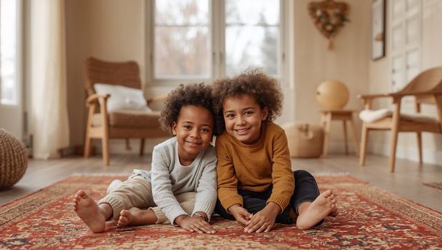 Two siblings sitting on patterned rug in cozy living room smiling and leaning together