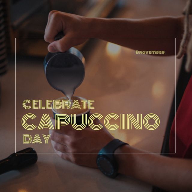 Cropped View of Barista Making Coffee with Celebrate Cappuccino Day Text - Download Free Stock Templates Pikwizard.com