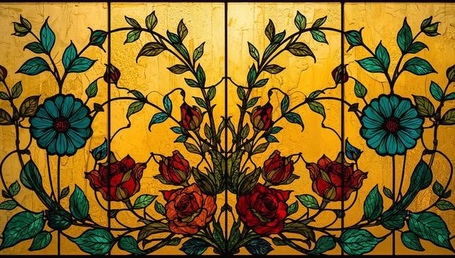 Intricate stained glass panel with floral motif and vines