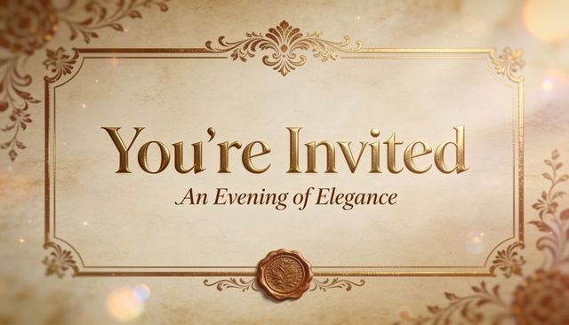 Elegant gold invitation with wax seal ornate filigree embossed parchment background