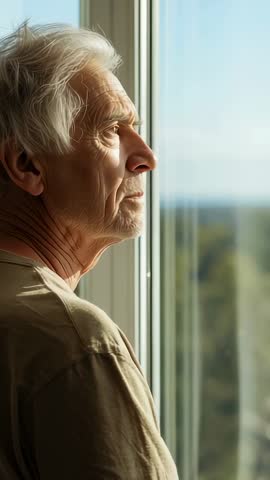 Sunlight illuminating senior man gazing out window in contemplative vertical video